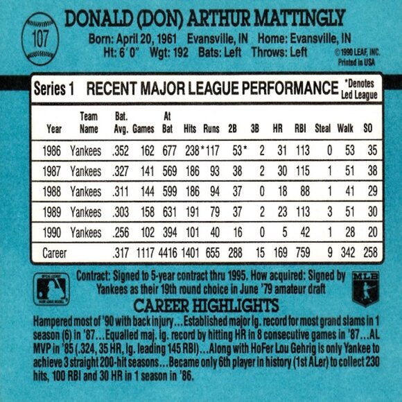 Don Mattingly (New York Yankees) Vintage Donruss '91 MLB Card - Card Number 107 - Picture 2 of 2